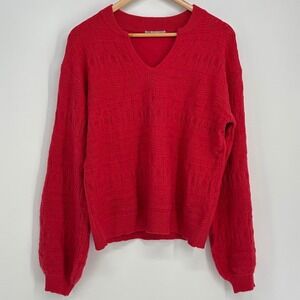 Furnex Sweater Women Large Red Notched V-Neck Pointelle Knit Pullover